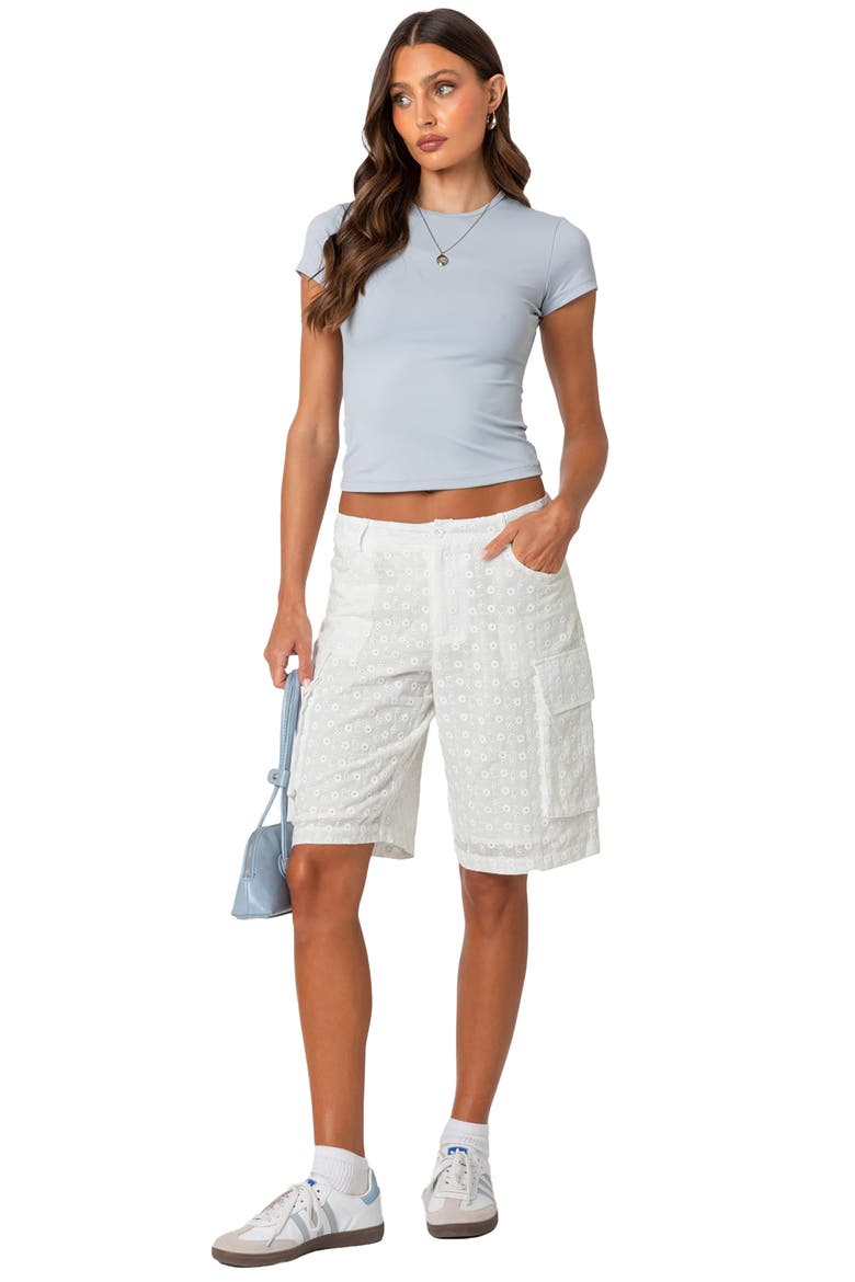 Eyelet Cargo Bermuda Shorts, Alternate, color, WHITE