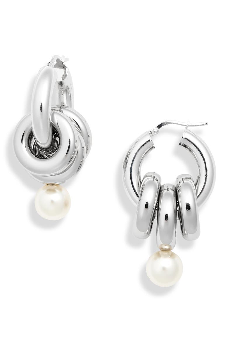 Stacked Link Faux Pearl Hoop Earrings, Main, color, PALLADIUM/ PEARL