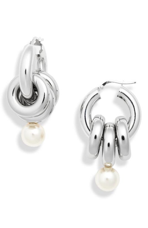 Stacked Link Faux Pearl Hoop Earrings