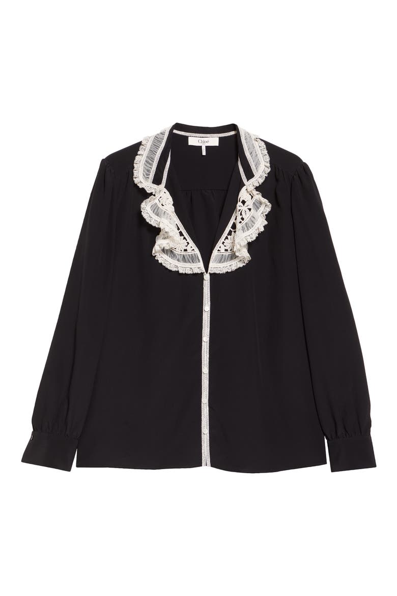 Silk Crêpe de Chine & Lace Ruffle Collar Button-Up Shirt, Alternate, color, BLACK