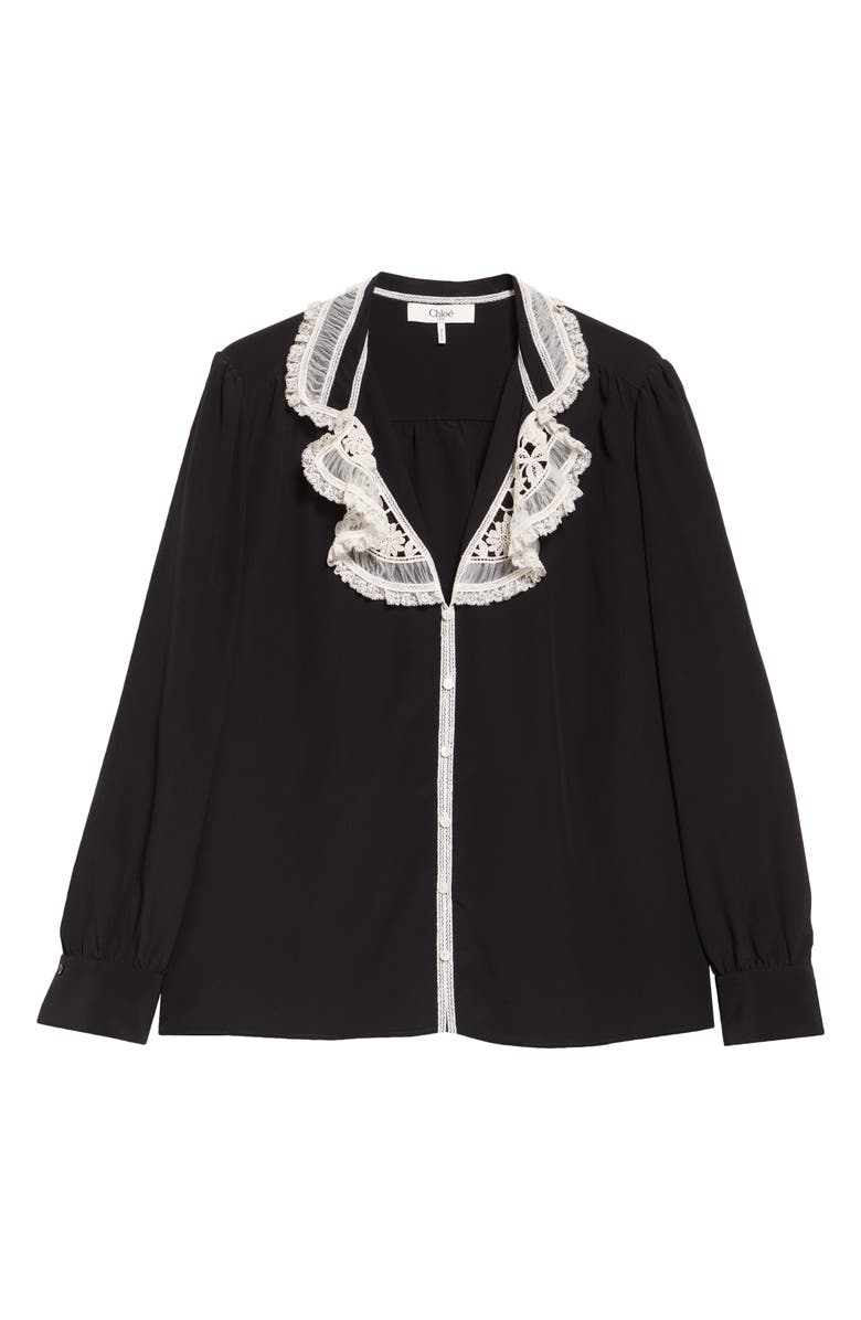 Chloé Silk Crêpe de Chine & Lace Ruffle Collar Button-Up Shirt, Alternate, color, Black