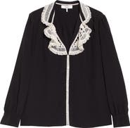 Chloé Silk Crêpe de Chine & Lace Ruffle Collar Button-Up Shirt