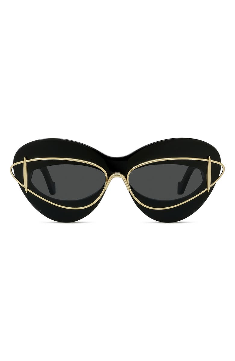 Loewe Double Frame 67mm Oversize Cat Eye Sunglasses, Main, color, Shiny Black / Smoke