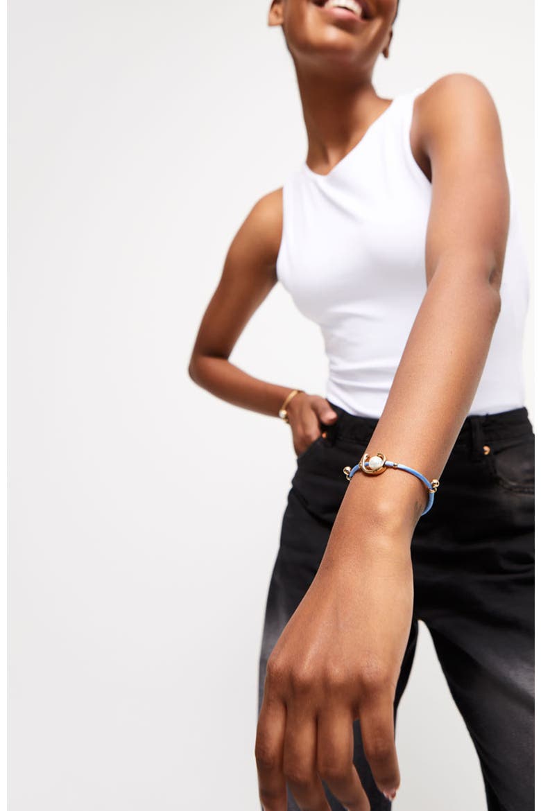 Blue Thread Bracelet with Pearl Shell Findings Plated in 18K Gold, Alternate, color, Gold
