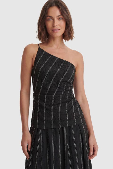 Asymmetric Beaded Pinstripe Top