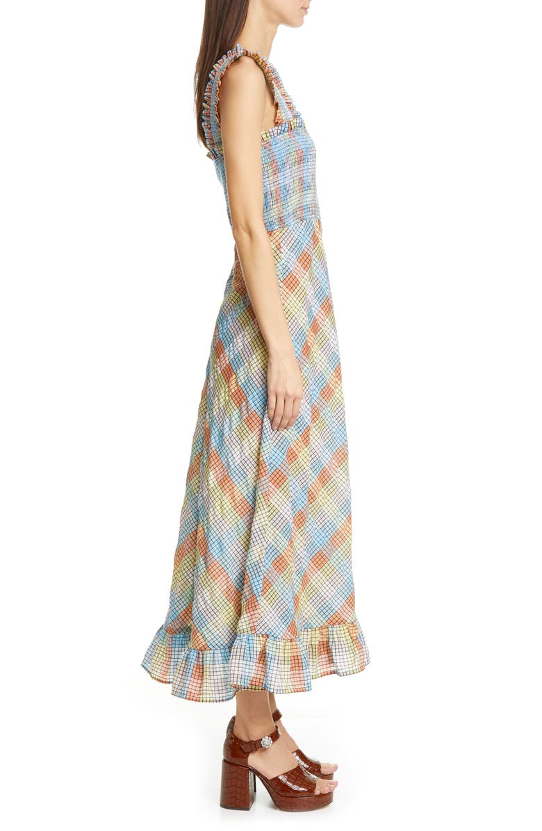 Ganni Plaid Smocked Seersucker Midi Sundress, Alternate, color,