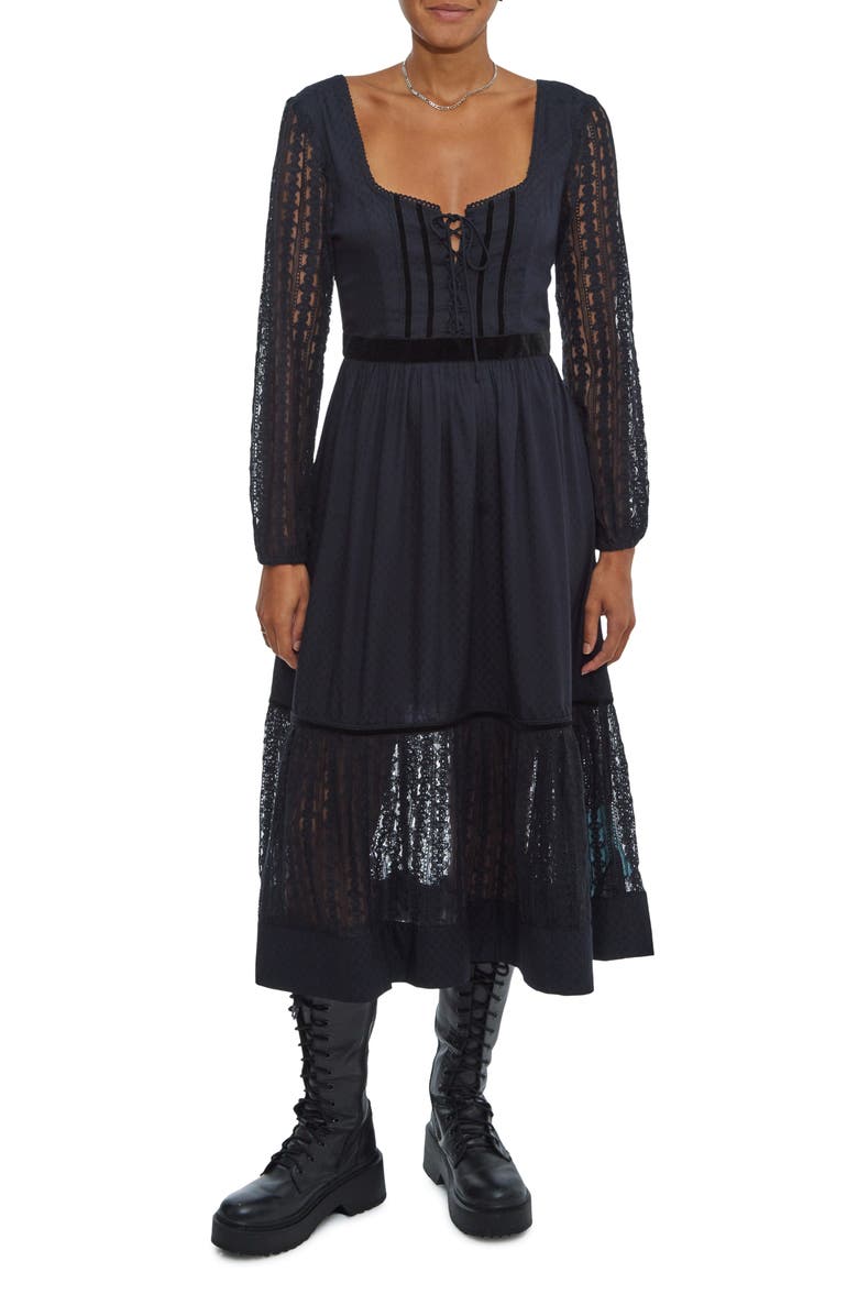 BDG Urban Outfitters Lace & Velvet Long Sleeve Cotton Blend Prairie Dress, Main, color,