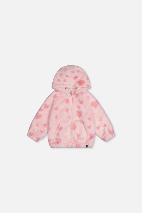 Hooded Full Zip Heart Jacquard Kangaroo Pocket Faux Fur Jacket (baby)