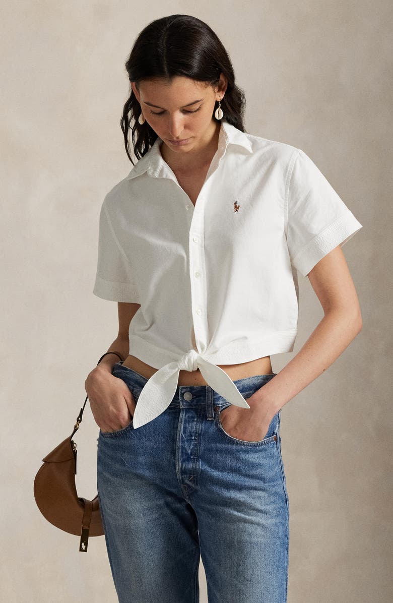 Polo Ralph Lauren Tie Front Oxford Short Sleeve Button-Up Shirt, Alternate, color, 