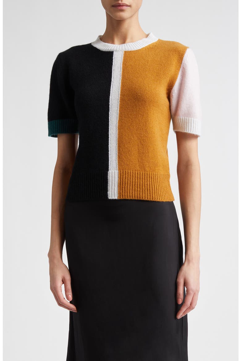 Colorblock Short Sleeve Cashmere Sweater, Main, color, BROWN/ BLACK