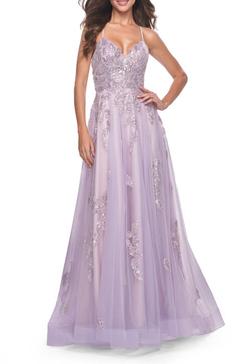 Two Tone Tulle A-Line Prom Dress with Floral Beaded Detail