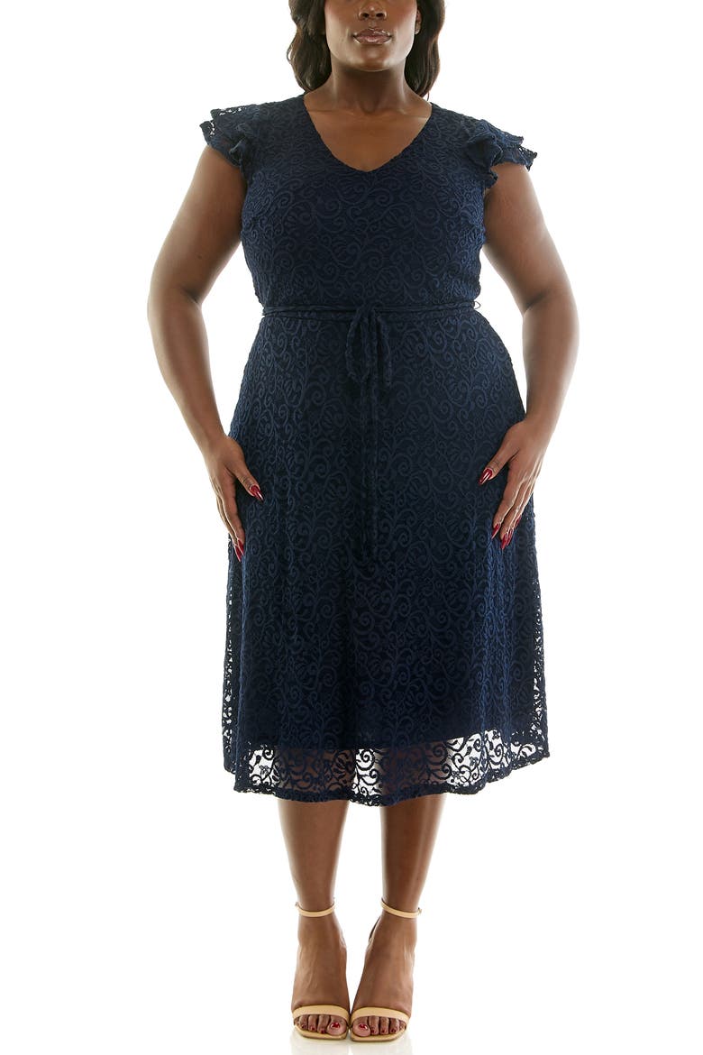 Lace Fit & Flare Dress, Main, color, NAVY