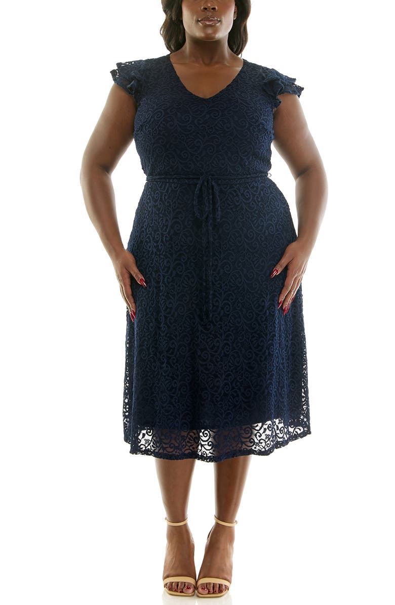Nina Leonard Lace Fit & Flare Dress, Main, color, Navy