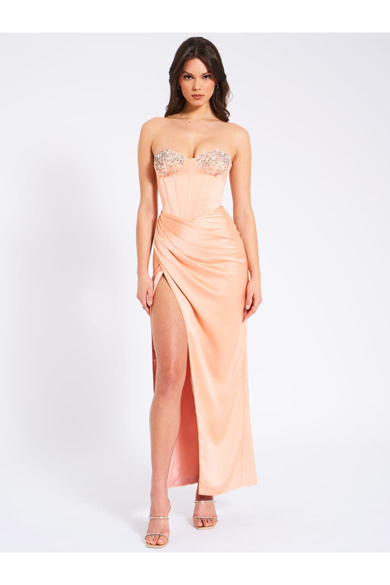 Amelia Satin Corset Slit Gown With Crystal Embellished, Alternate, color, Blush