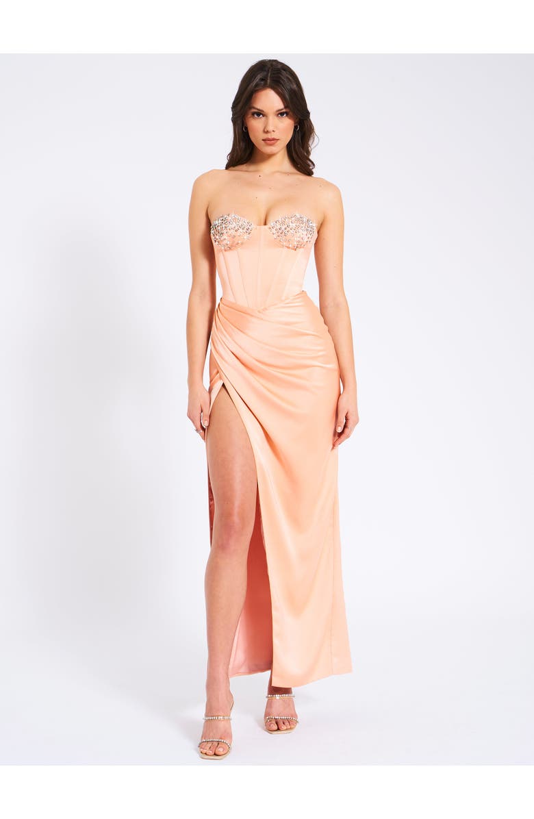 Miss Circle Amelia Satin Corset Slit Gown With Crystal Embellished, Alternate, color, Blush