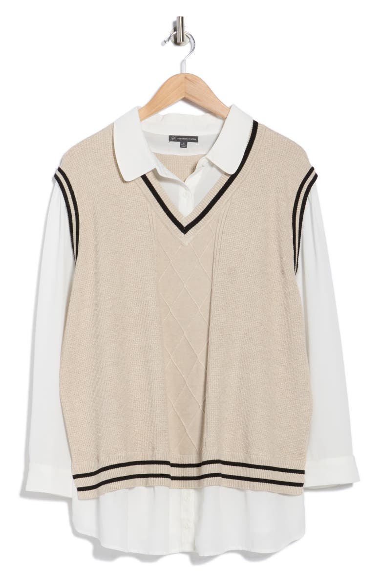V-Neck Twofer Sweater, Alternate, color, NEUTRAL/ BLACK