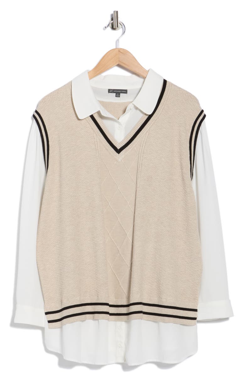 Adrianna Papell V-Neck Twofer Sweater, Main, color, Neutral/ Black