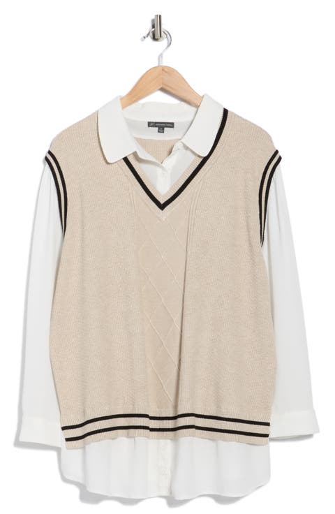 V-Neck Twofer Sweater (Plus)