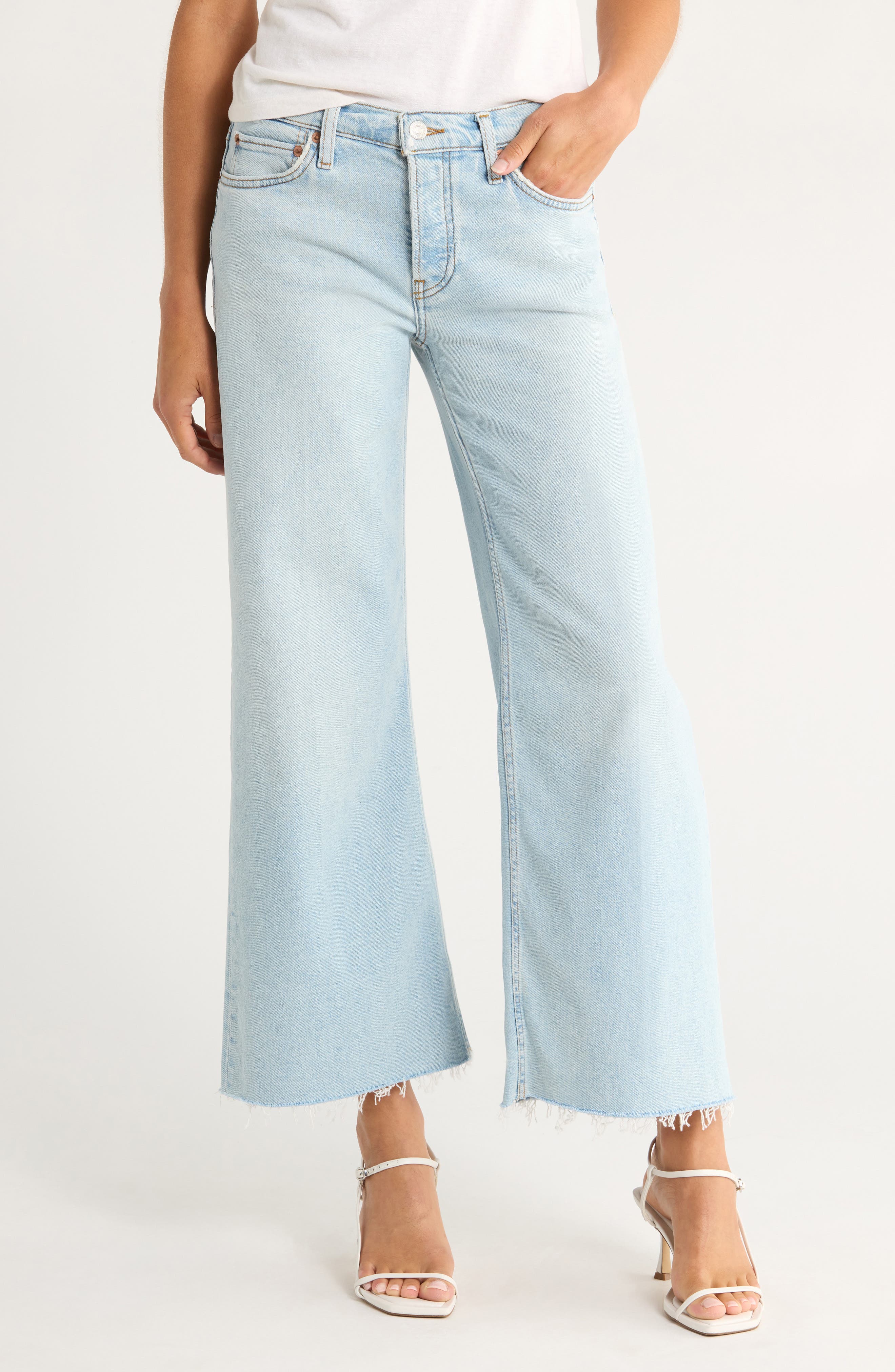 Re/Done High Waist Raw Hem Wide Leg Crop Jeans