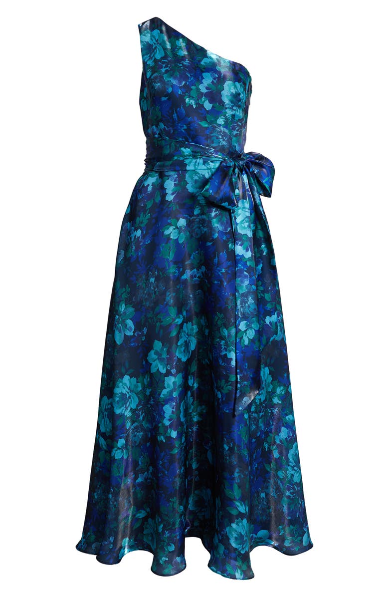 Eliza J Print Tie Waist One-Shoulder Gown, Alternate, color,