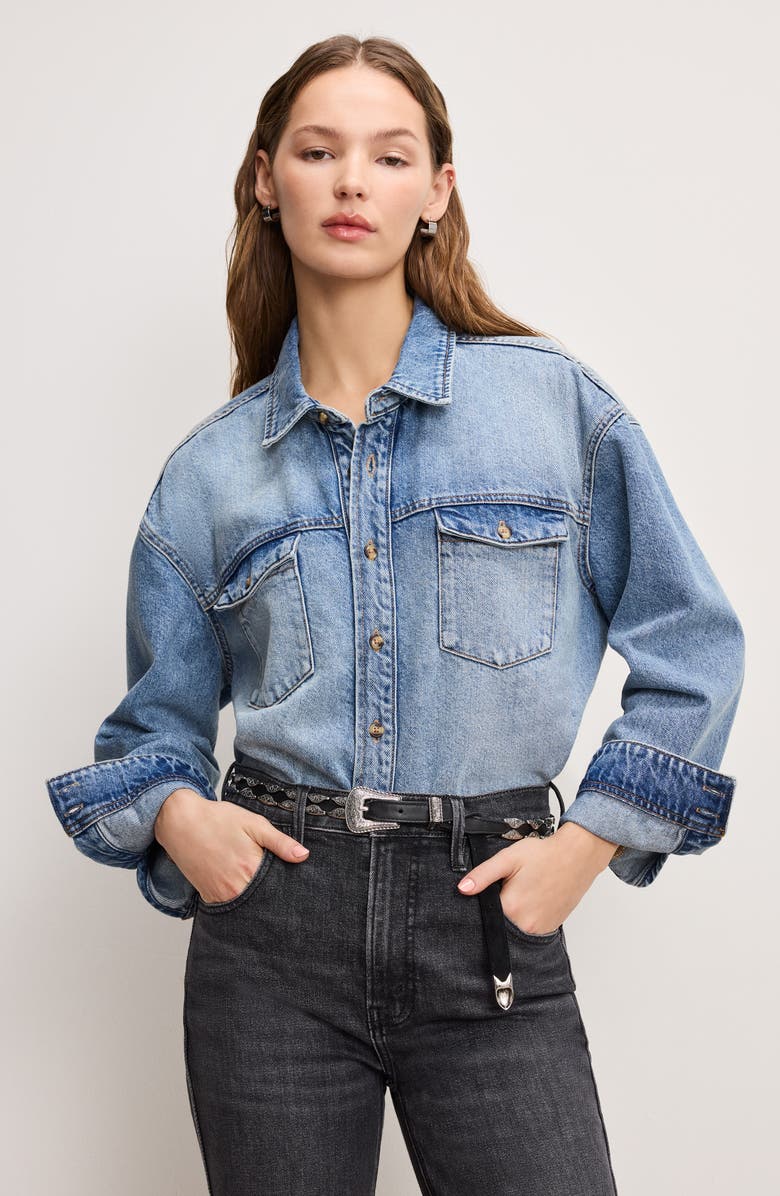 Good American Structured Denim Shirt, Alternate, color, 