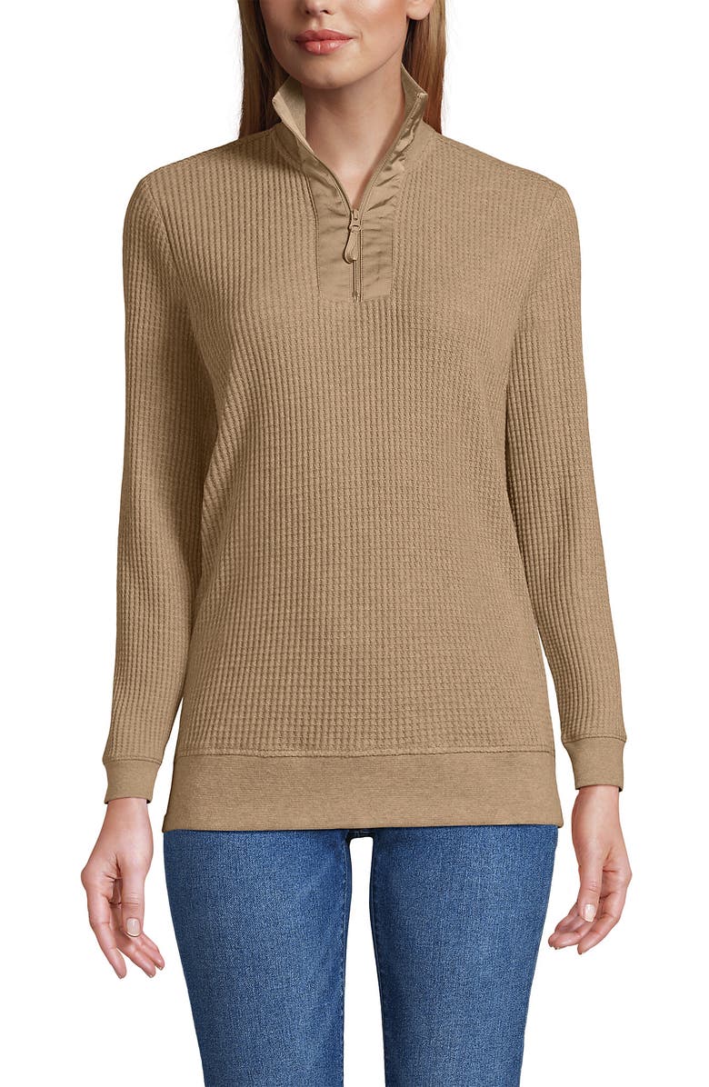Lands' End Long Sleeve Waffle Quarter Zip Pullover, Main, color, Light Toffee Heather