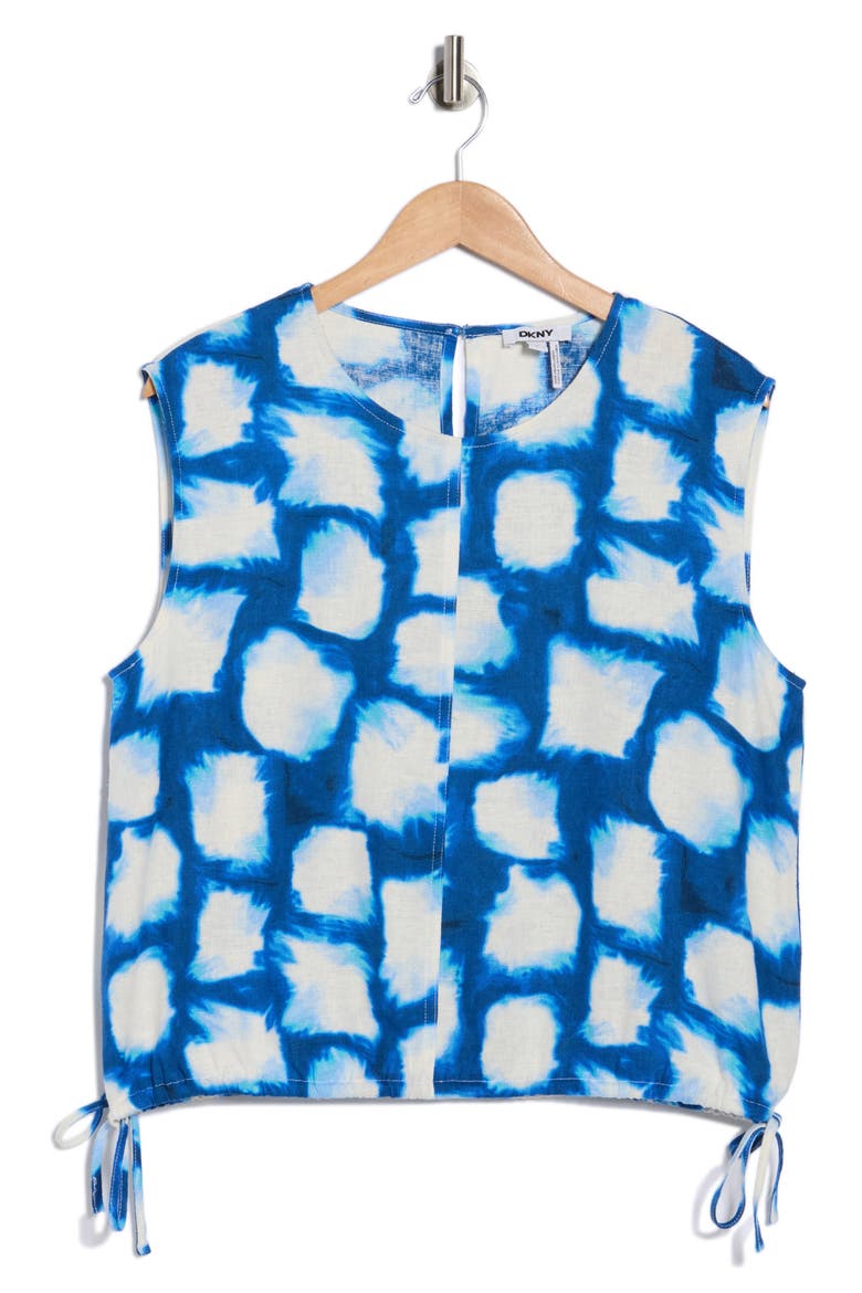 Sleeveless Drawstring Hem Linen Blend Top, Alternate, color, COBALT/ AQUA MULTI