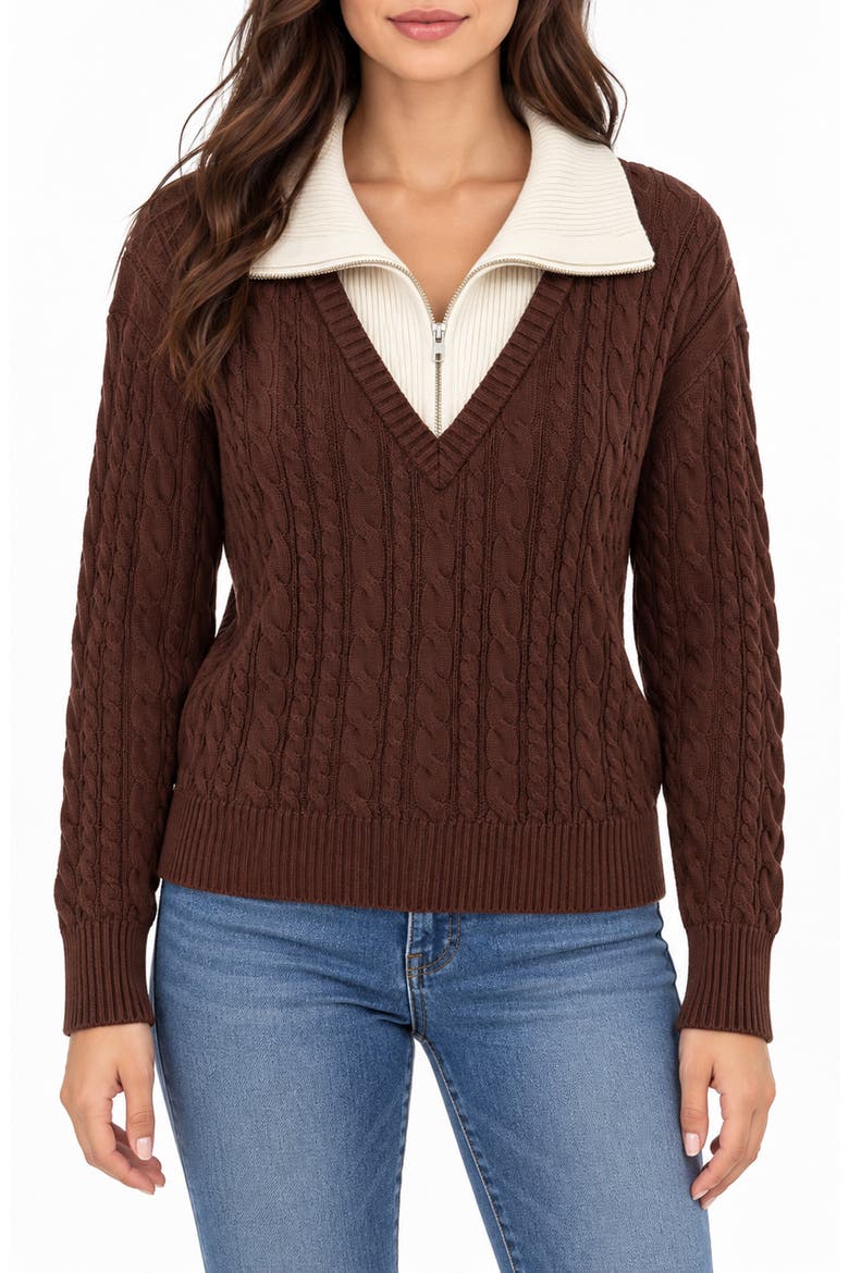 Cable Knit Twofer Sweater, Main, color, CHOCOLATE/ OATMEAL