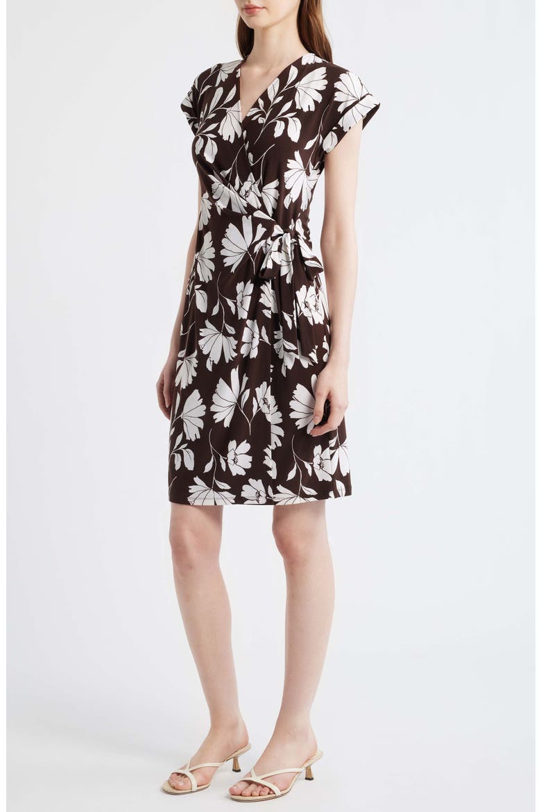 Two-Tone Floral Wrap Dress, Alternate, color, DARK CHOCOLATE/ WHITE DOVE