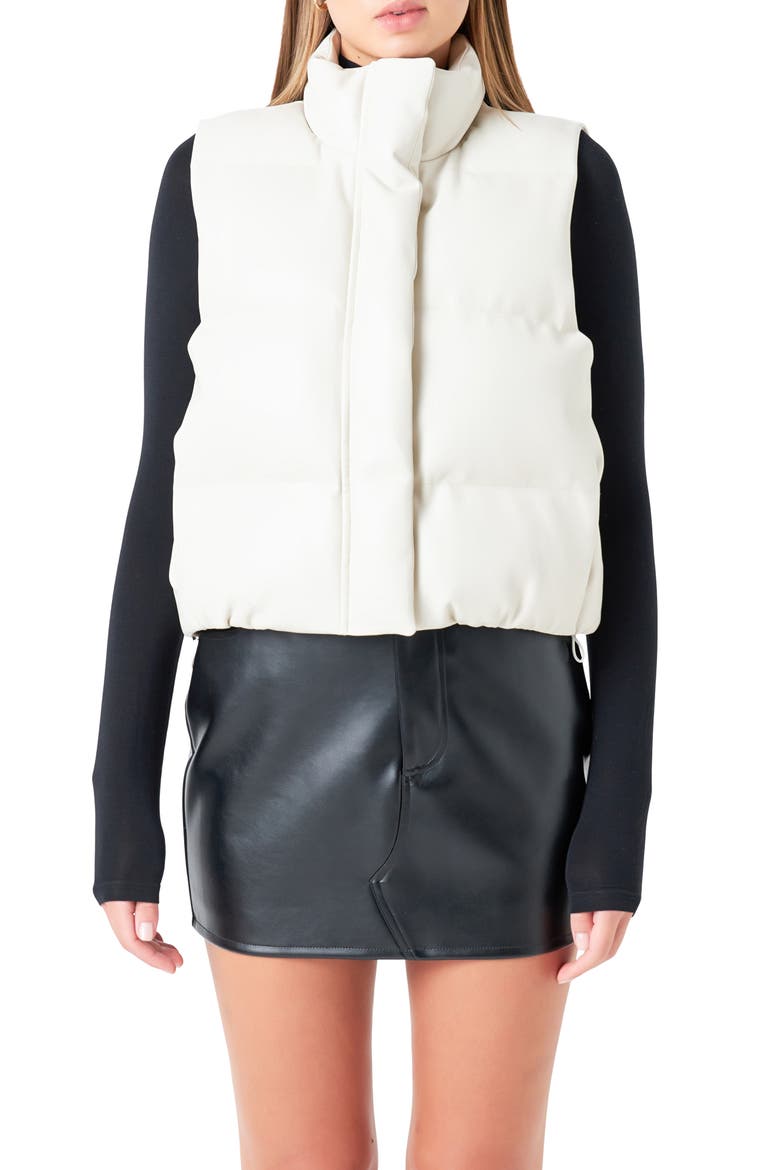 Faux Leather Crop Puffer Vest, Alternate, color, CREAM
