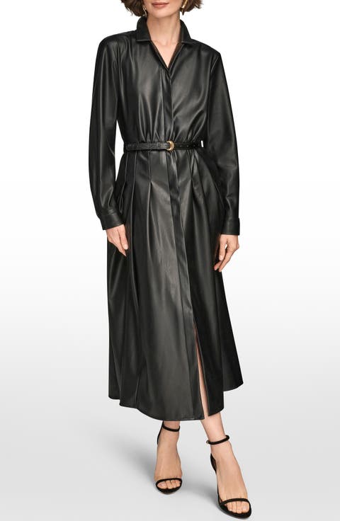Long Sleeve Faux Leather Pleated Dress