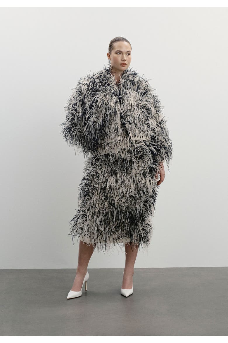 Ostrich Feather Cropped Jacket, Alternate, color, CREAM AND BLACK