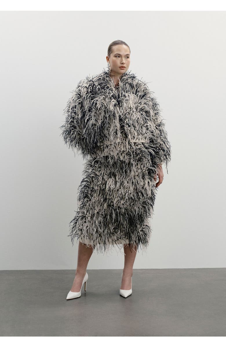 11 Honoré Ostrich Feather Cropped Jacket, Alternate, color, Cream And Black