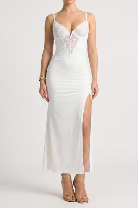 All-in-One Built-In Shapewear Lace Split Maxi Slip Dress