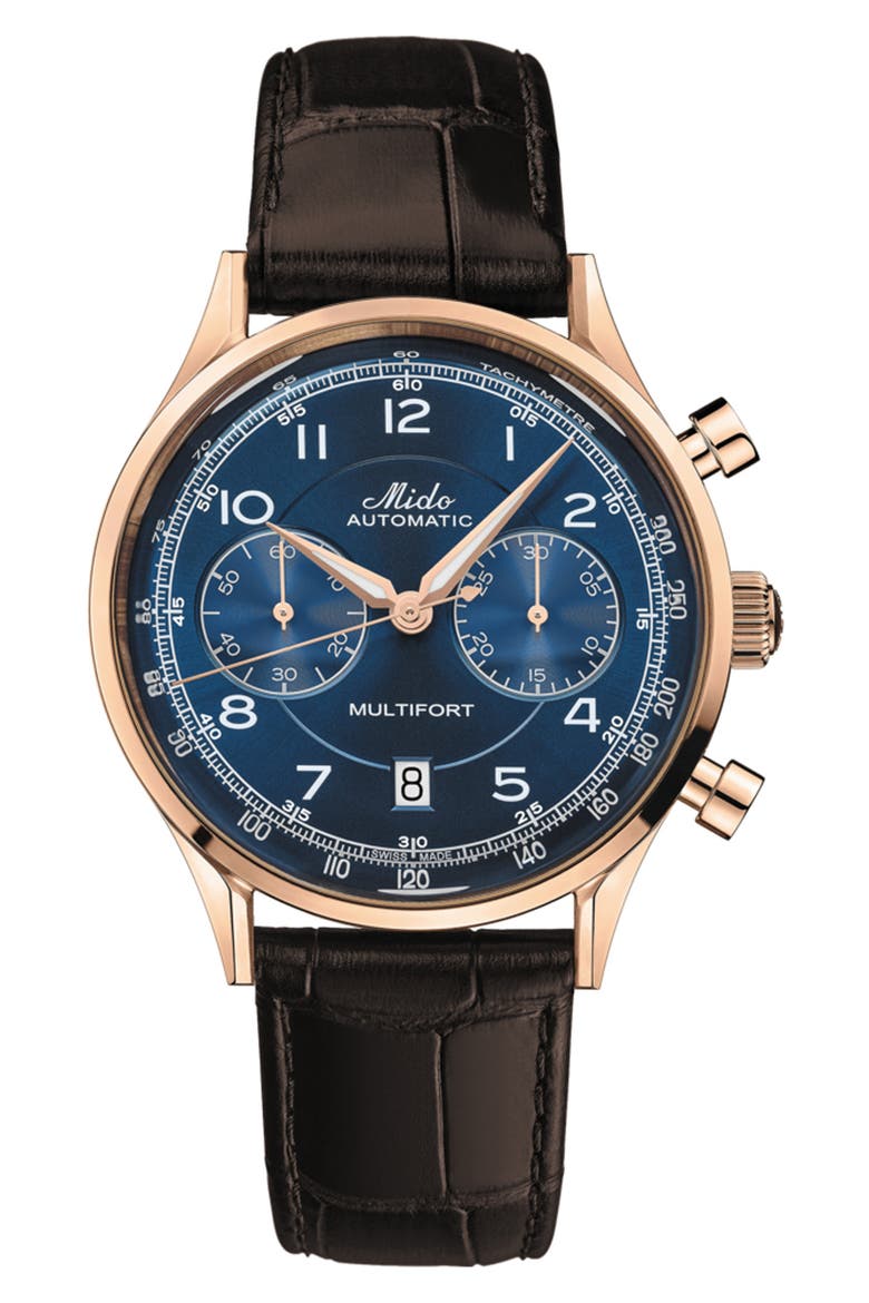 Multifort Patrimony Chronograph Leather Strap Watch, Main, color, BLUE