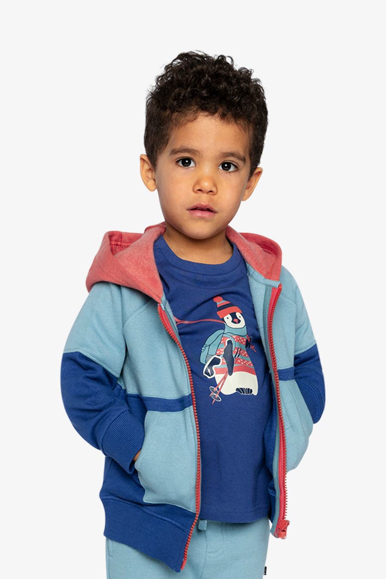Full Zip Hooded Colorblock Front Pocket Fleece Jacket, Alternate, color, Blue, Turquoise and Orange