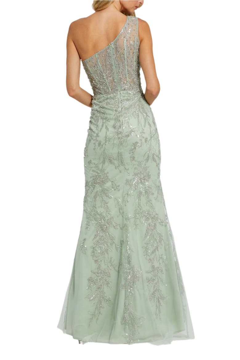Embellished One-Shoulder Corset Bodice Column Gown, Alternate, color, Sage