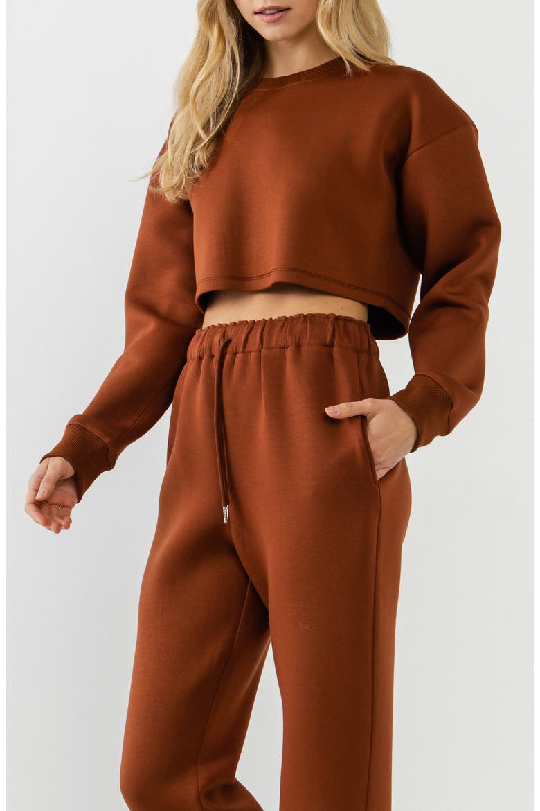 Lounge Wear Crop Crewneck Sweatshirt, Alternate, color, BROWN