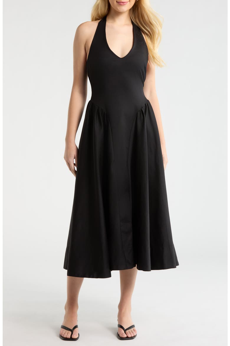 Meana Halter Neck Cotton Blend Dress, Main, color, BLACK
