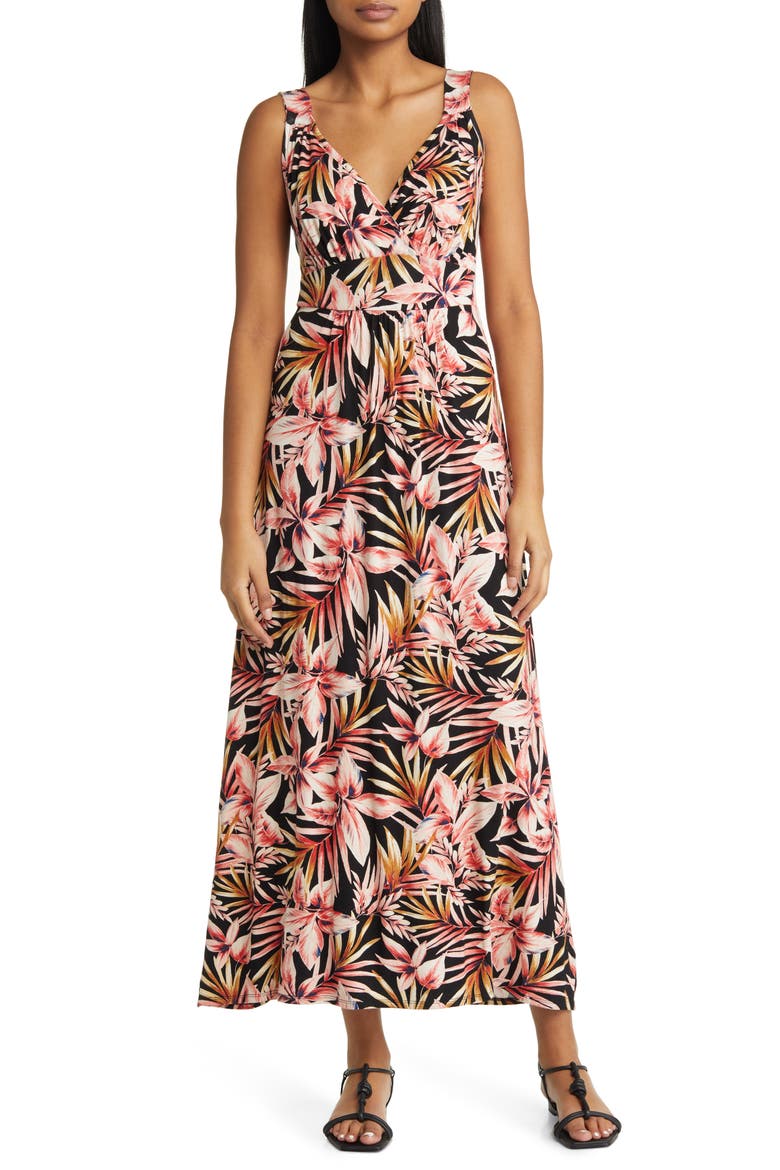 Palm Print Surplice V-Neck Knit Maxi Dress, Main, color, BLACK/ MARSALA