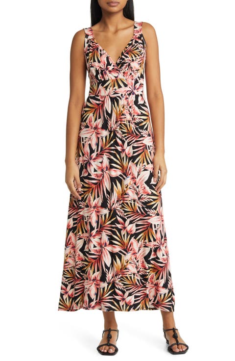 Palm Print Surplice V-Neck Knit Maxi Dress