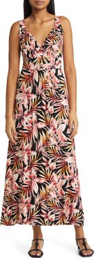 Loveappella Palm Print Surplice V-Neck Knit Maxi Dress
