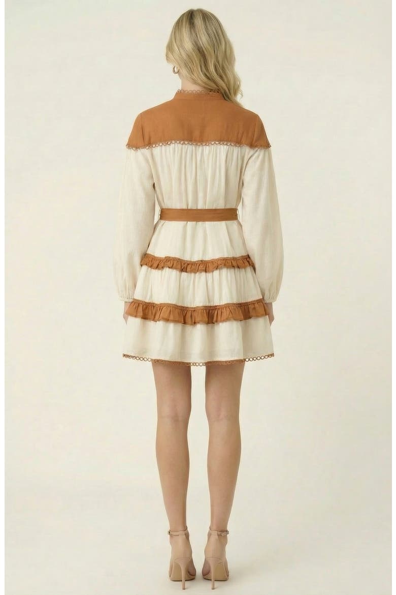 Contrast Trim Mini Dress with Waist Tie and Tiered Skirt, Alternate, color, Off-White / Black
