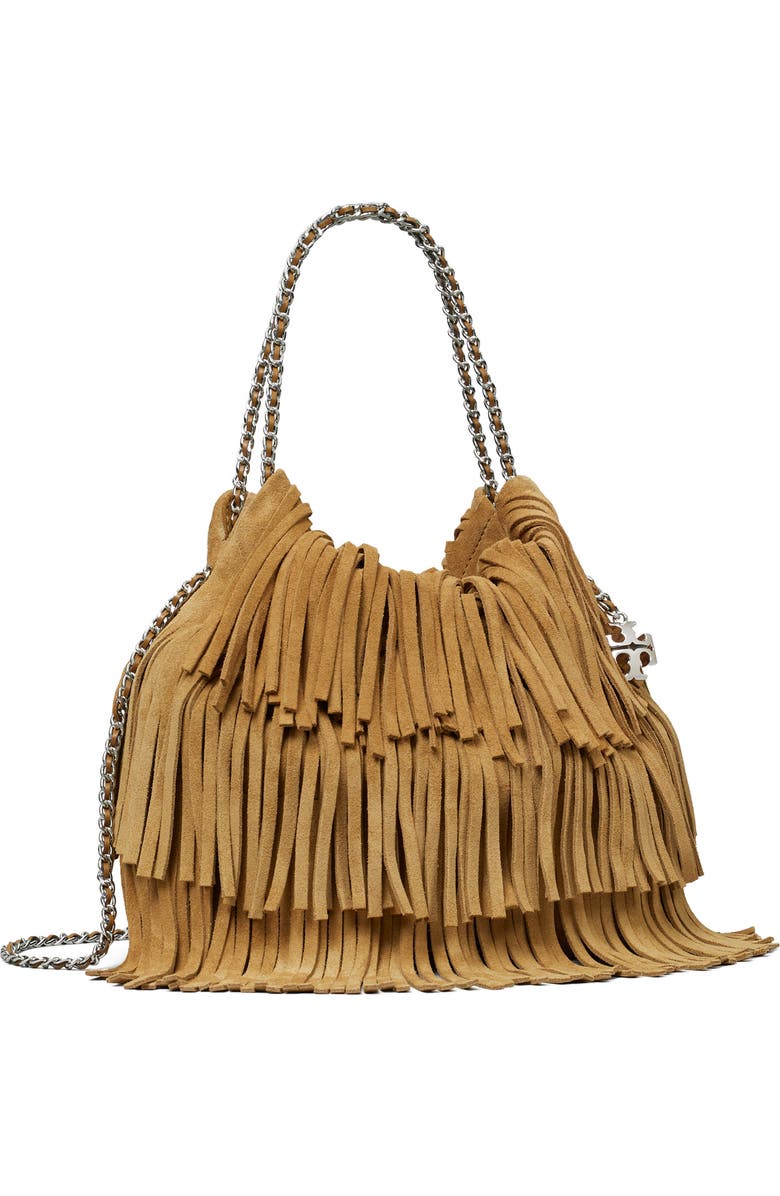Tory Burch Mini Fleming Suede Fringe Hobo Bag, Alternate, color, Wild Tabacco