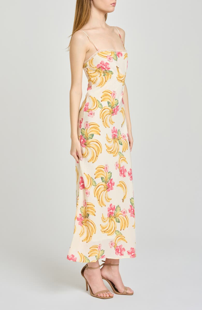 WAYF Calypso Fruit Print Lace Trim Midi Dress, Alternate, color, Cream Bananas