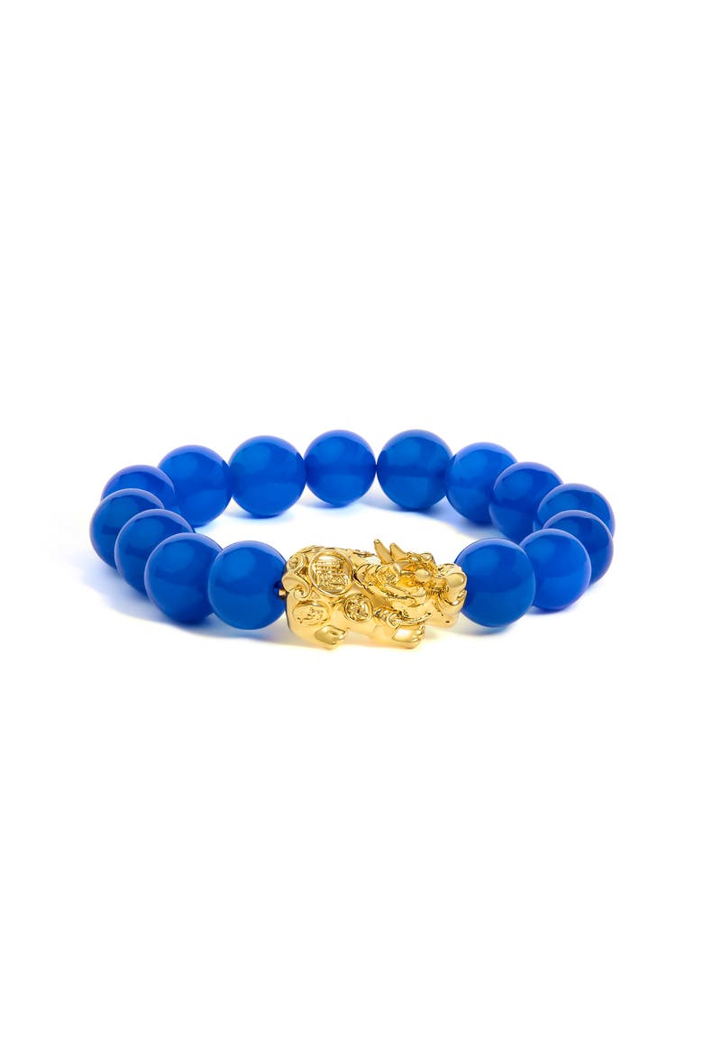 18K Yellow Gold Blue Agate Beaded Dragon Charm Bracelet, Main, color, Yellow Gold