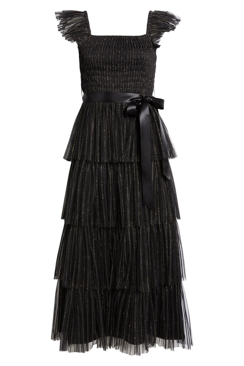 Pleated Tiered Metallic Dress, Alternate, color, BLACK GOLD