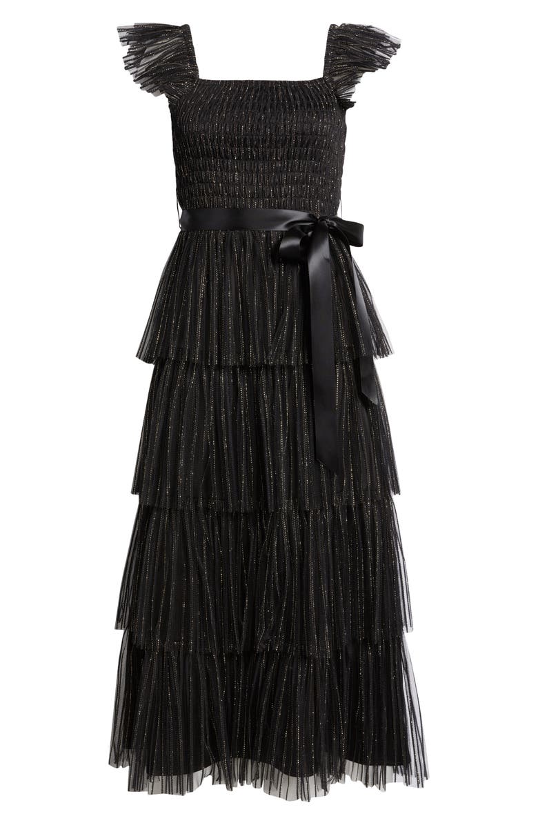 Tahari ASL Pleated Tiered Metallic Dress, Alternate, color, Black Gold