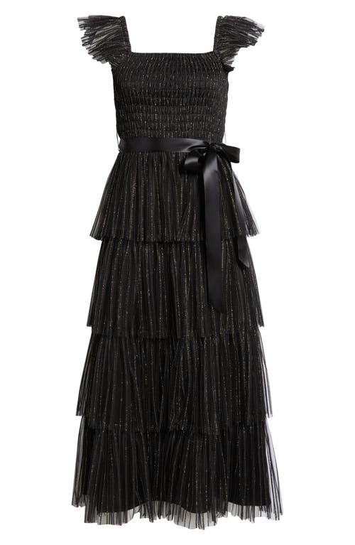 Tahari Asl Pleated Tiered Metallic Dress In Black Gold