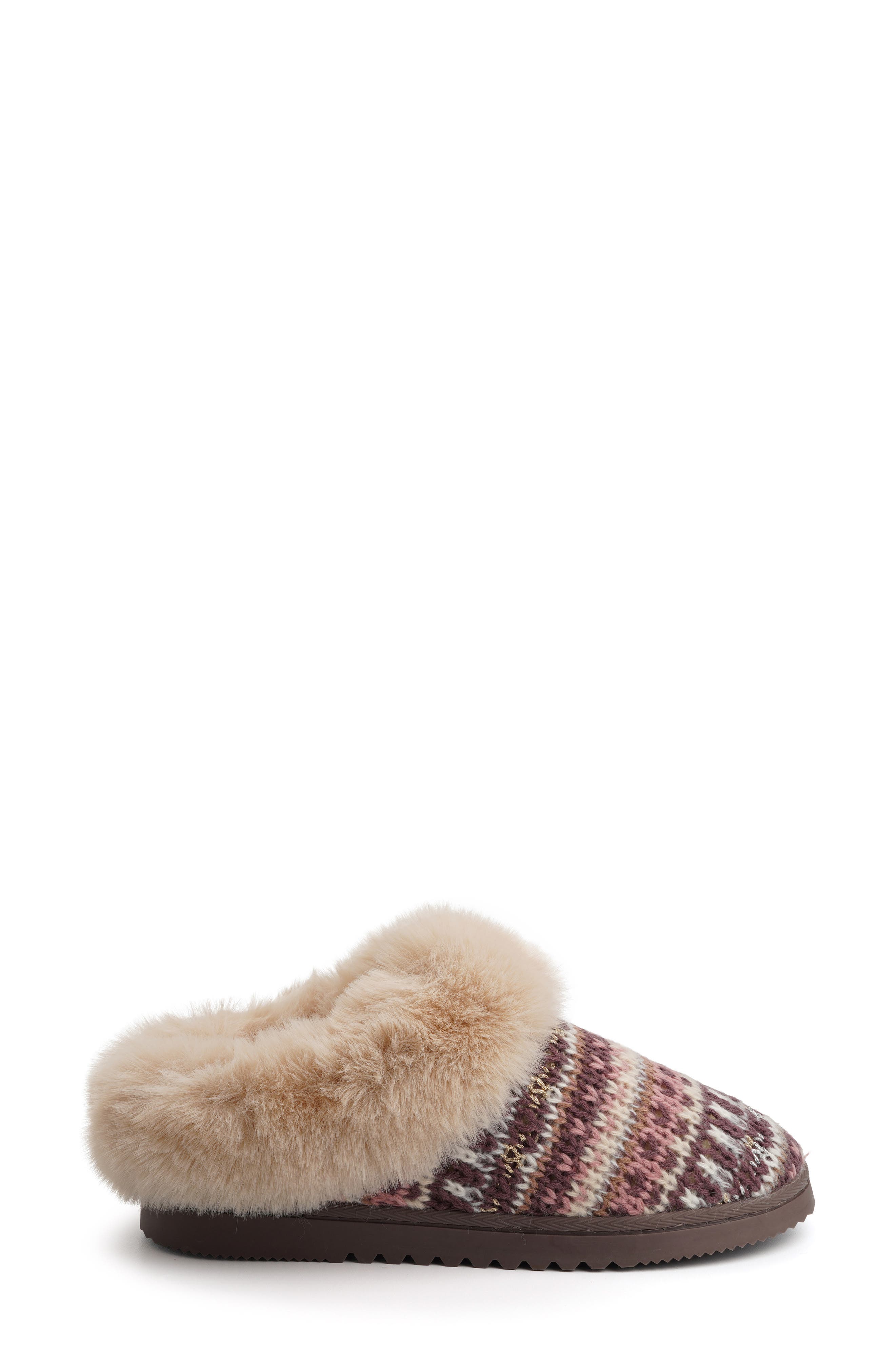 Knit Faux Fur Trim Clog Slipper, Alternate, color, BROWN